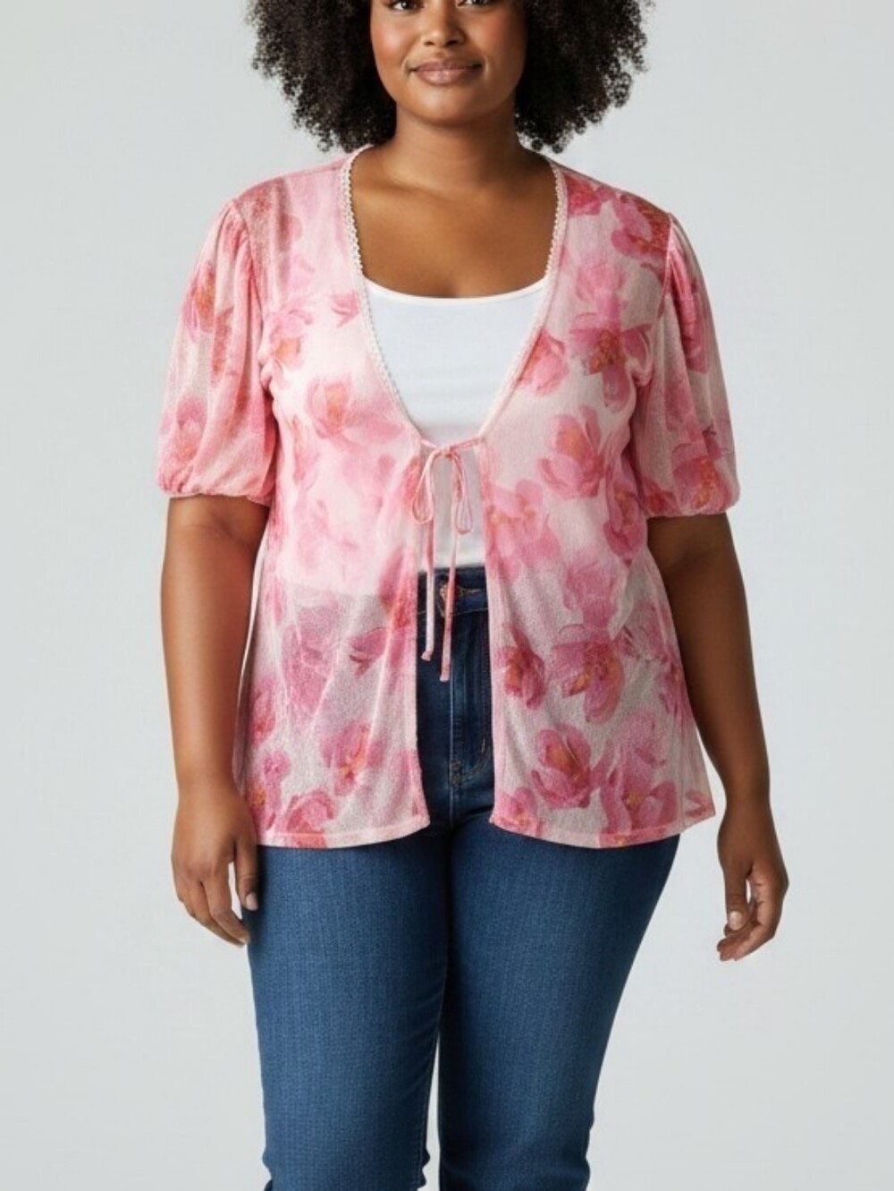New Luna Collection Floral Pink Mesh Tie-Front Women’s Top Size 2X